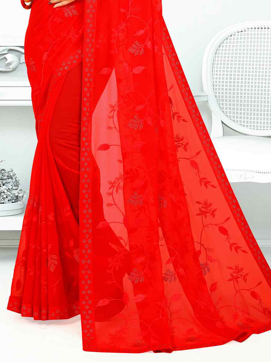 Red Heavy Georgette Embroidered Wedding Festival Classic Style Saree