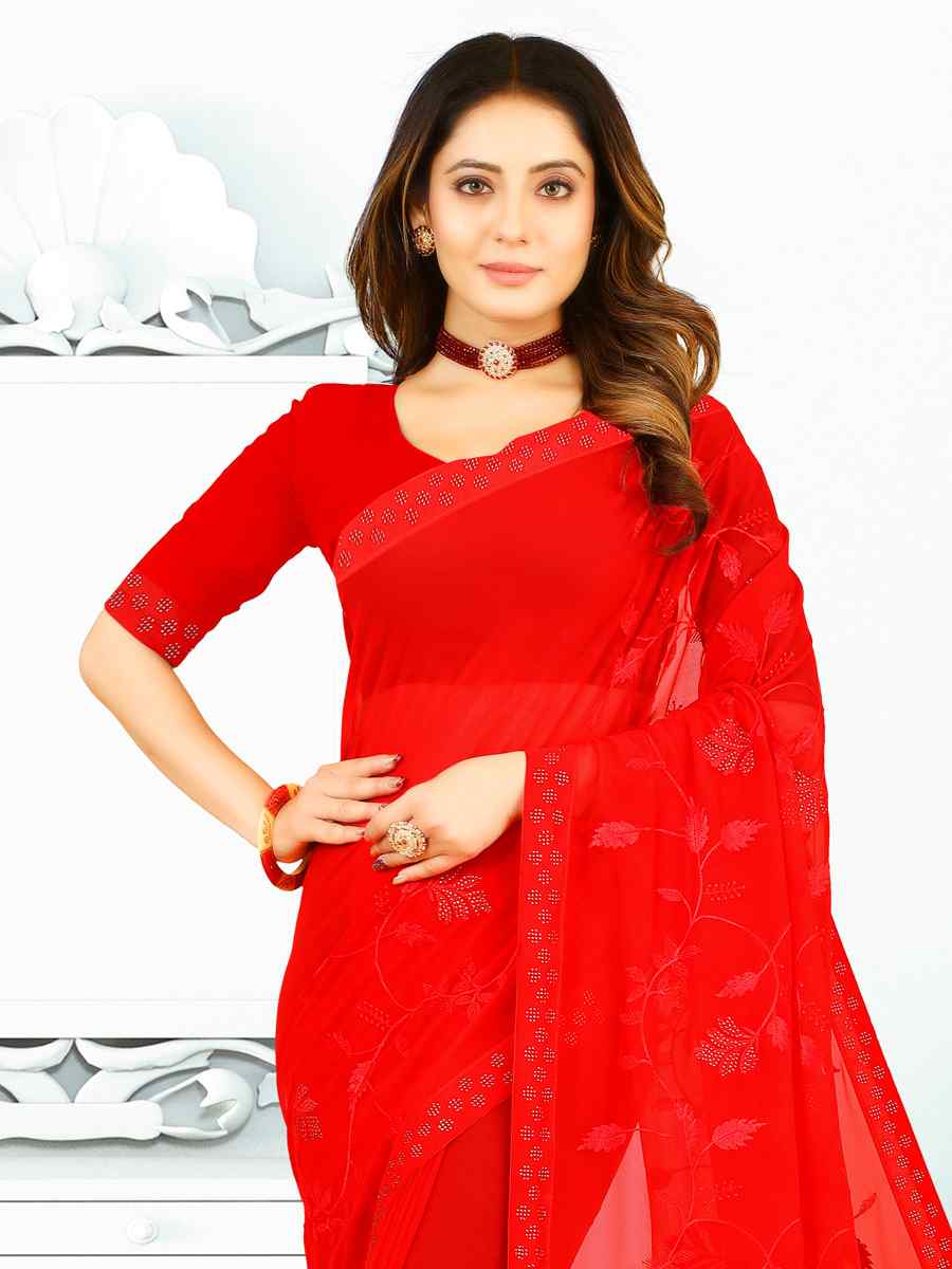 Red Heavy Georgette Embroidered Wedding Festival Classic Style Saree