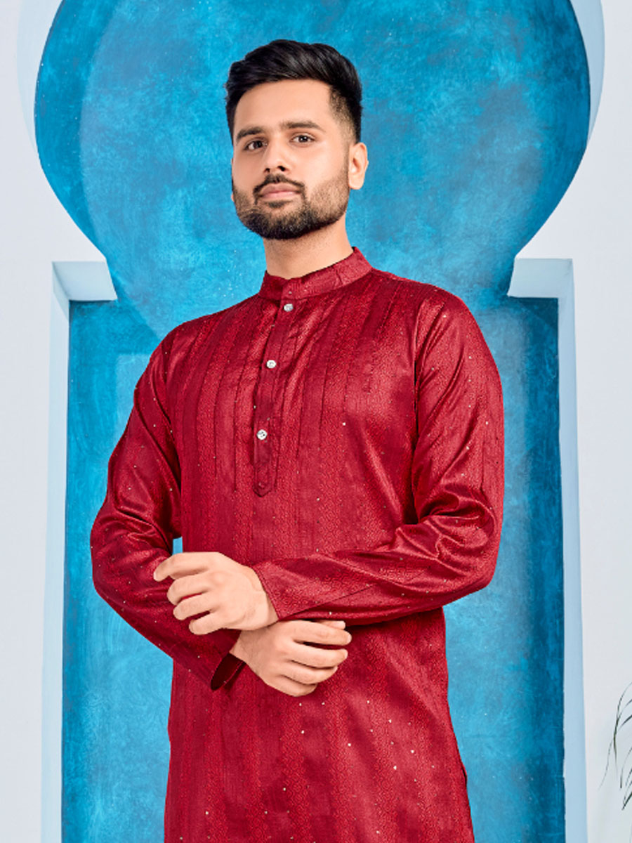 Red Heavy Jacquard Silk Woven Festival Party Kurta