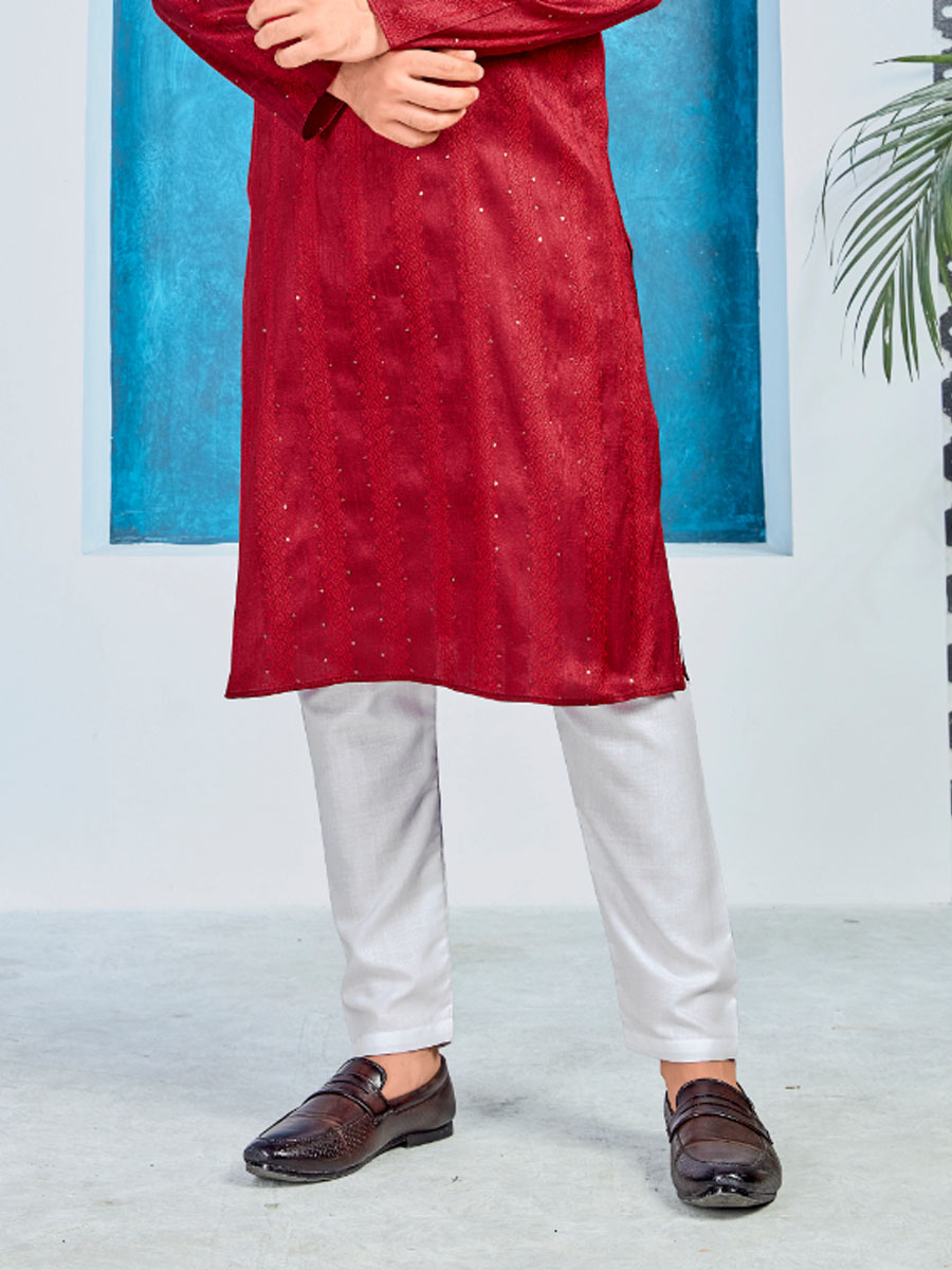 Red Heavy Jacquard Silk Woven Festival Party Kurta