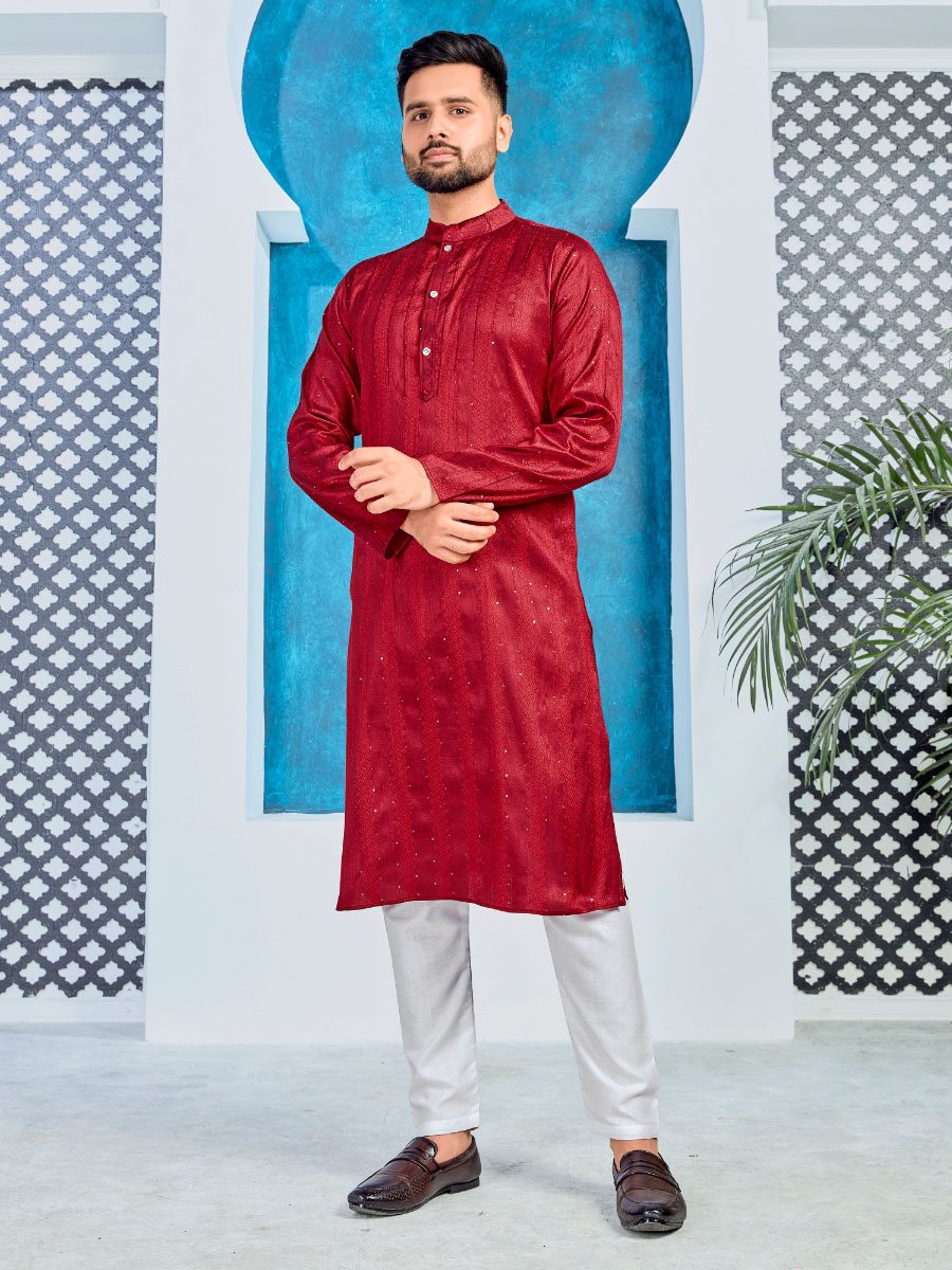 Red Heavy Jacquard Silk Woven Festival Party Kurta