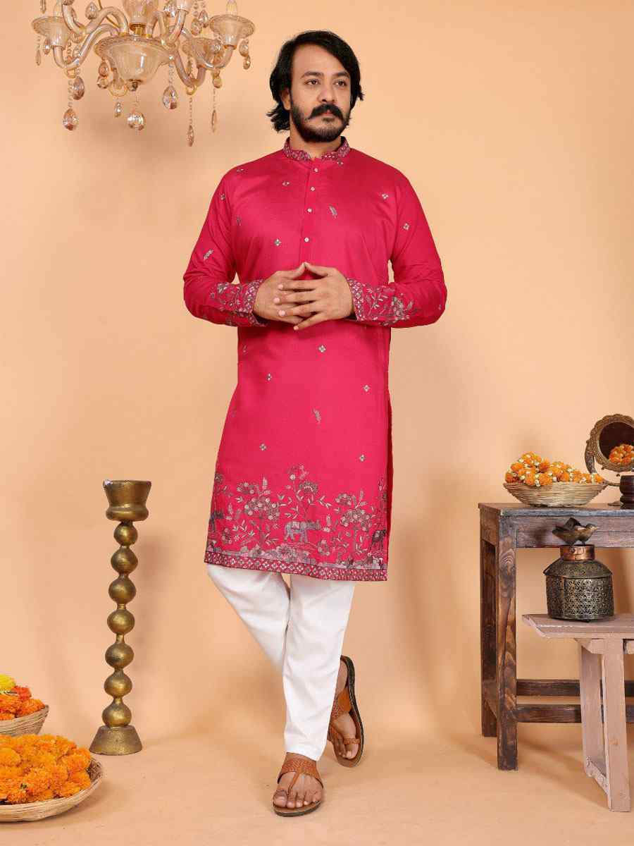 Red Heavy Linen Cotton Embroidery And Printed Festival Wedding Party Mens Kurta
