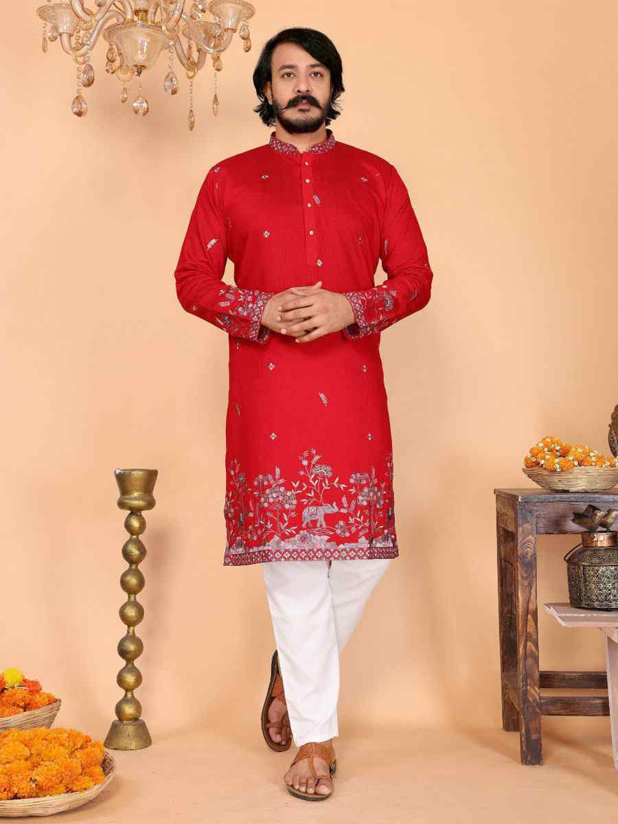 Red Heavy Linen Cotton Embroidery And Printed Festival Wedding Party Mens Kurta