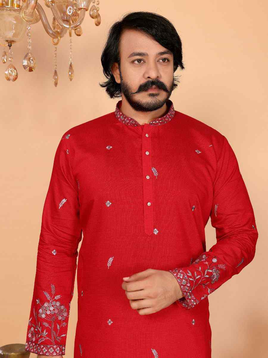 Red Heavy Linen Cotton Embroidery And Printed Festival Wedding Party Mens Kurta