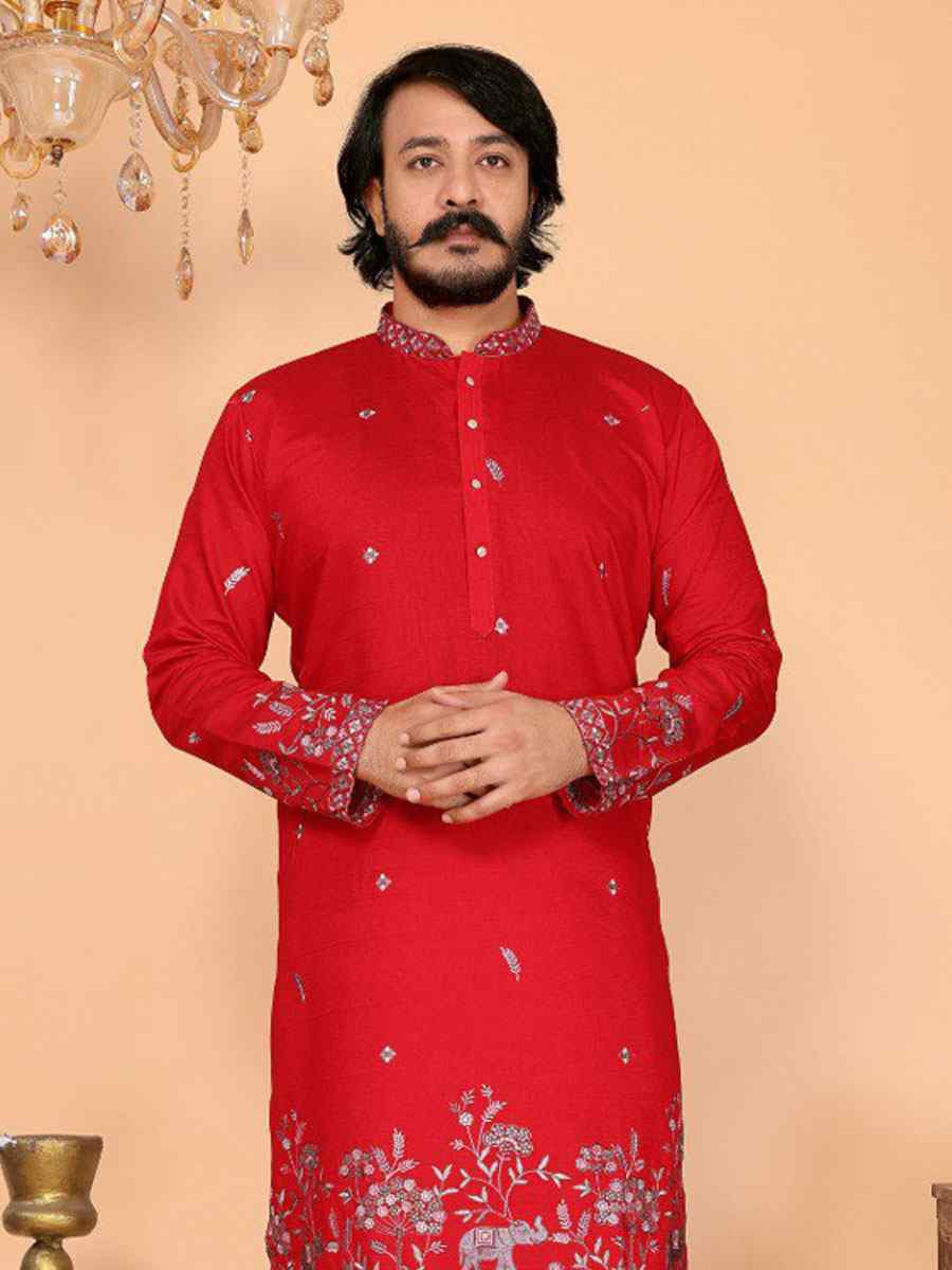 Red Heavy Linen Cotton Embroidery And Printed Festival Wedding Party Mens Kurta