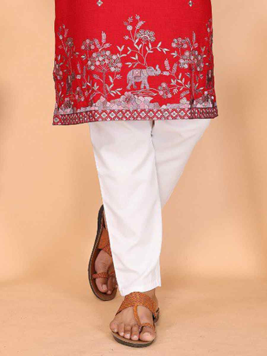 Red Heavy Linen Cotton Embroidery And Printed Festival Wedding Party Mens Kurta