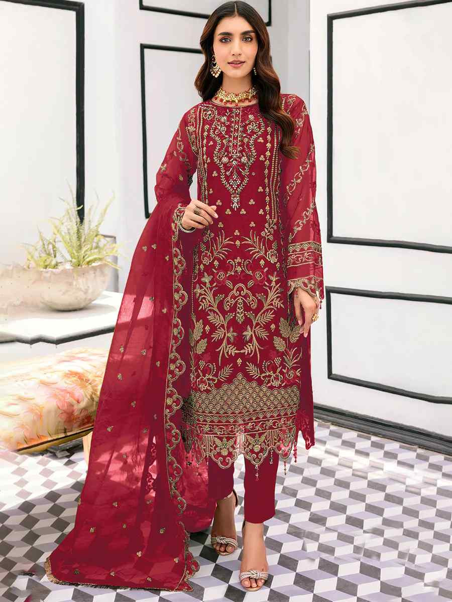 Red Heavy Organza Embroidered Festival Wedding Pant Salwar Kameez