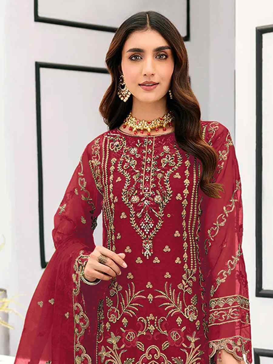 Red Heavy Organza Embroidered Festival Wedding Pant Salwar Kameez