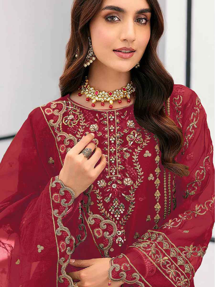 Red Heavy Organza Embroidered Festival Wedding Pant Salwar Kameez