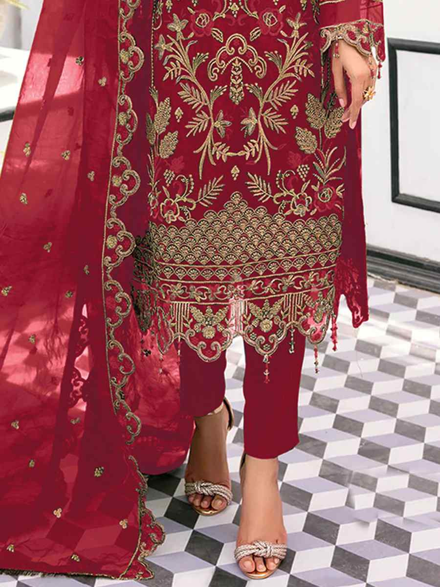 Red Heavy Organza Embroidered Festival Wedding Pant Salwar Kameez