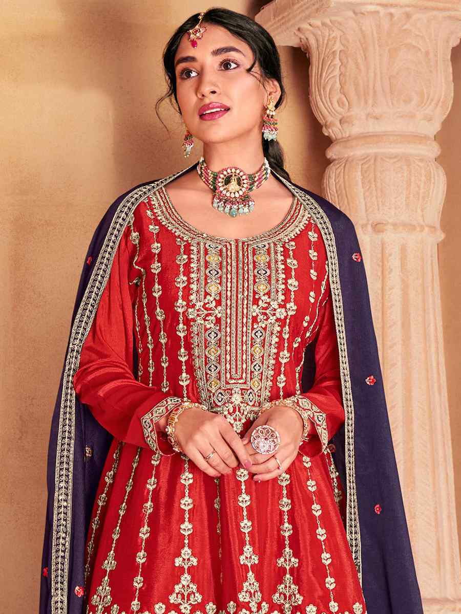 Red Heavy Premium Chinon Embroidered Festival Wedding Pant Salwar Kameez