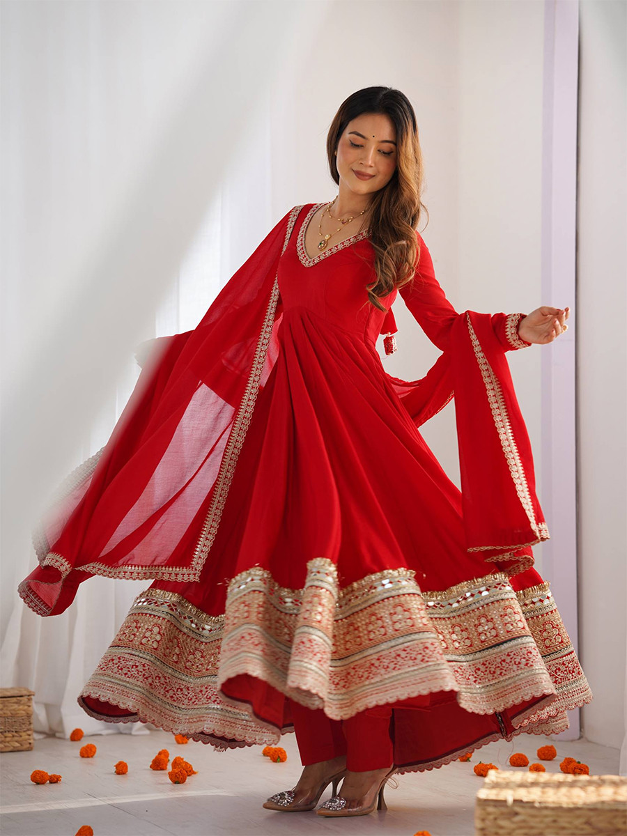 Red Heavy Pure Blooming Vichitra Silk Embroidery Sequins Zari Wedding Party Festival Casual Ready Anarkali Pant Salwar Kameez