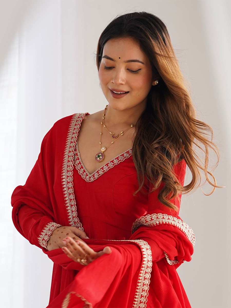 Red Heavy Pure Blooming Vichitra Silk Embroidery Sequins Zari Wedding Party Festival Casual Ready Anarkali Pant Salwar Kameez
