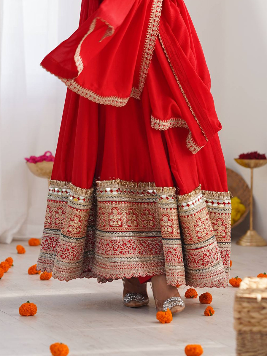 Red Heavy Pure Blooming Vichitra Silk Embroidery Sequins Zari Wedding Party Festival Casual Ready Anarkali Pant Salwar Kameez