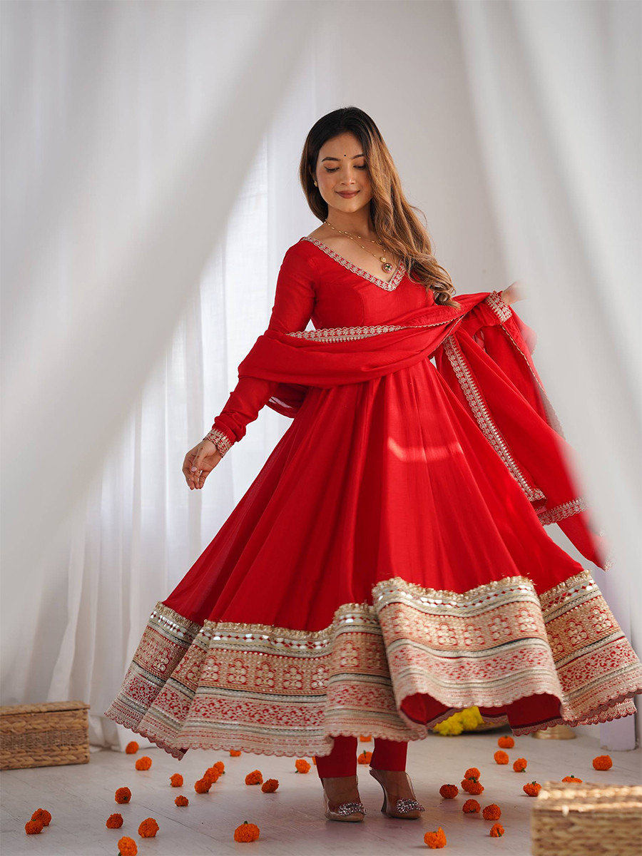Red Heavy Pure Blooming Vichitra Silk Embroidery Sequins Zari Wedding Party Festival Casual Ready Anarkali Pant Salwar Kameez