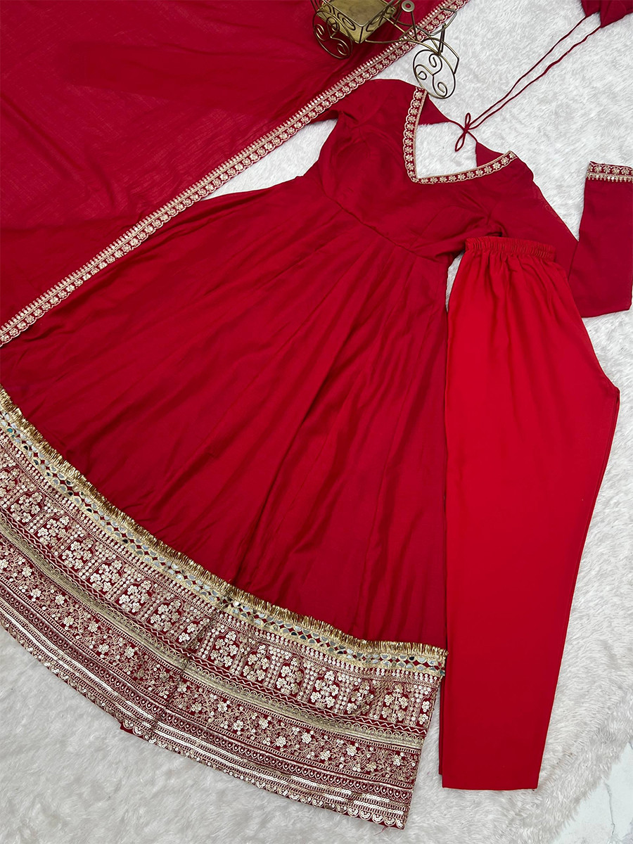 Red Heavy Pure Blooming Vichitra Silk Embroidery Sequins Zari Wedding Party Festival Casual Ready Anarkali Pant Salwar Kameez