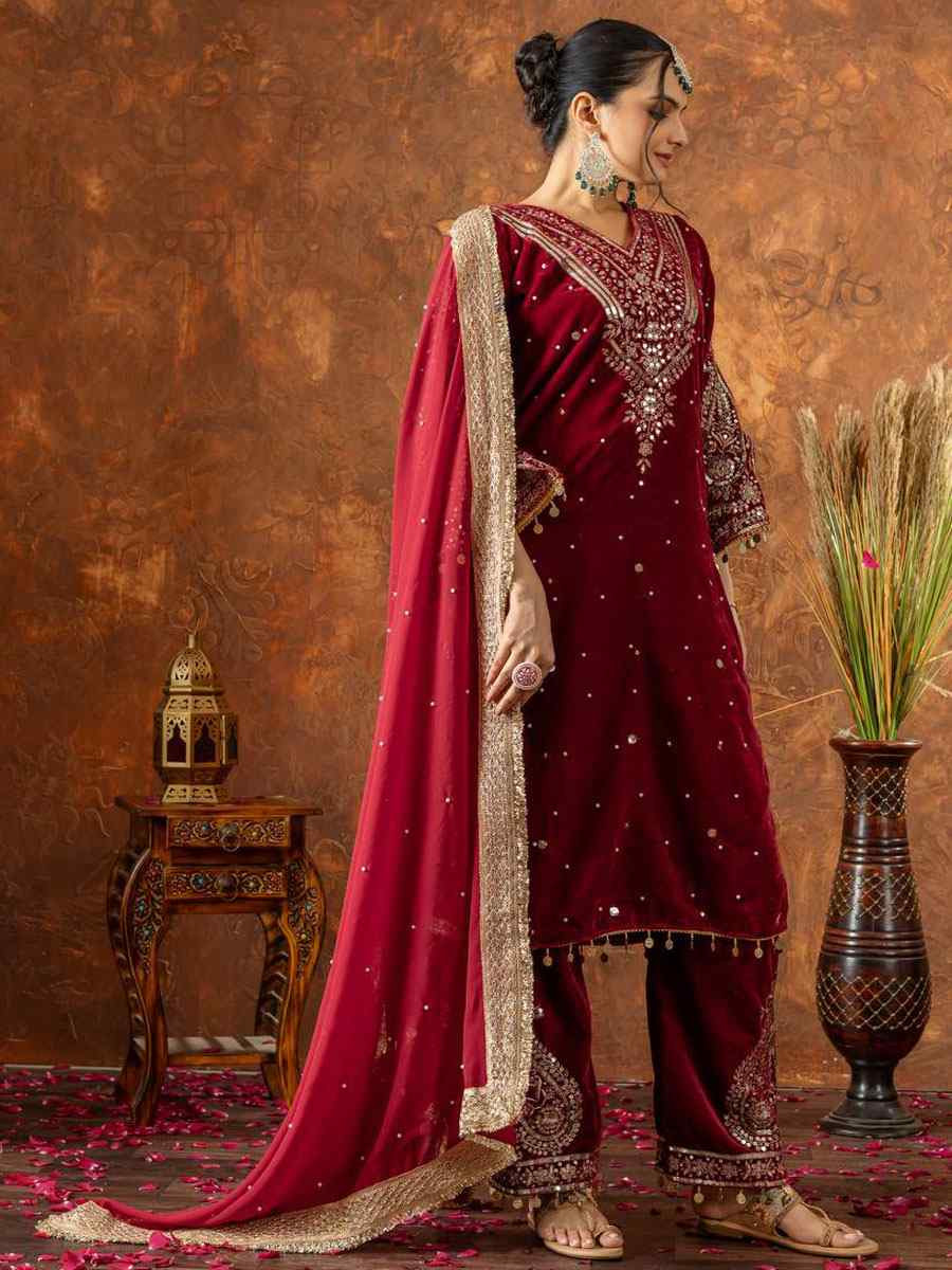 Red Heavy Pure Viscose Velvet Embroidery Party Wedding Festival Casual Ready Pant Salwar Kameez