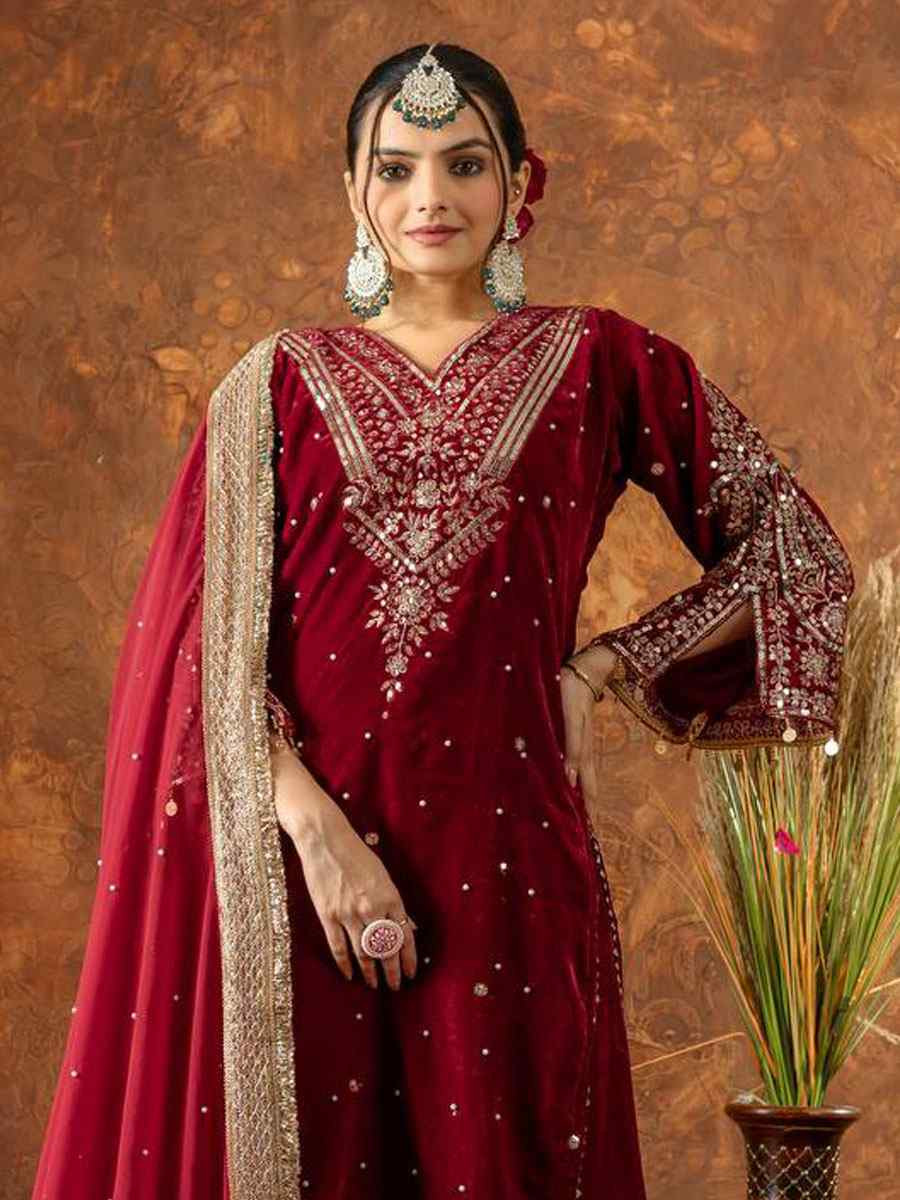 Red Heavy Pure Viscose Velvet Embroidery Party Wedding Festival Casual Ready Pant Salwar Kameez