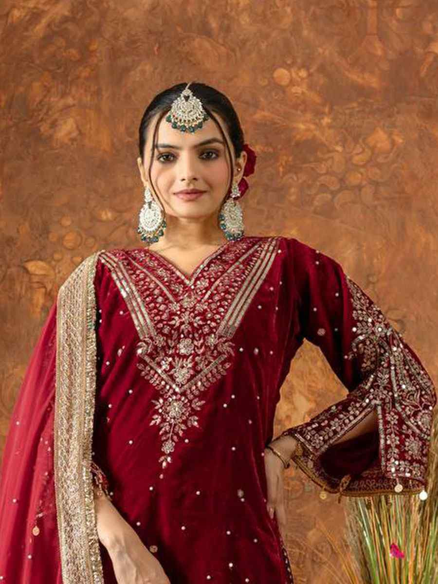 Red Heavy Pure Viscose Velvet Embroidery Party Wedding Festival Casual Ready Pant Salwar Kameez