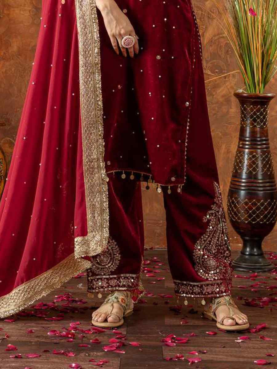 Red Heavy Pure Viscose Velvet Embroidery Party Wedding Festival Casual Ready Pant Salwar Kameez