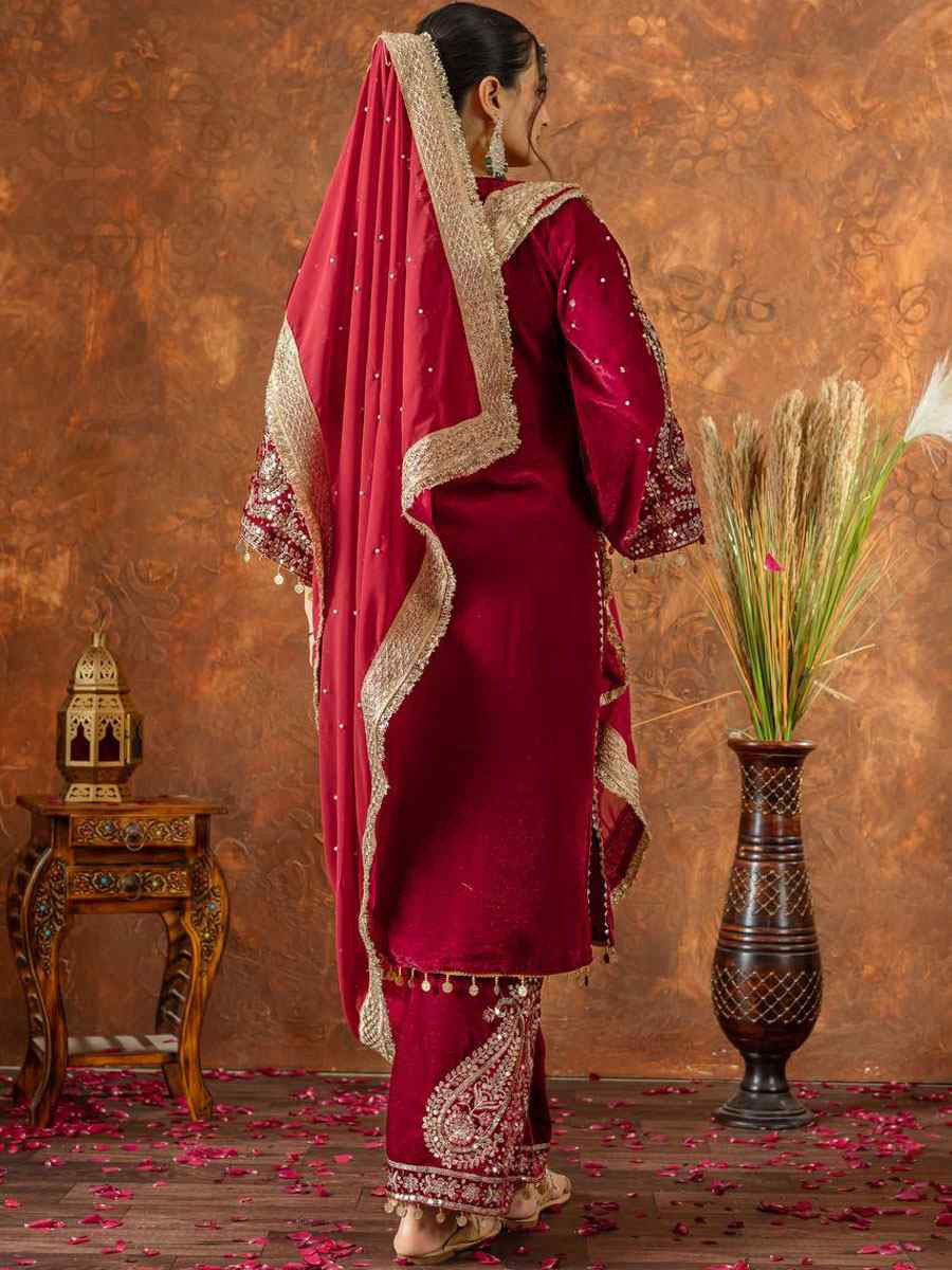 Red Heavy Pure Viscose Velvet Embroidery Party Wedding Festival Casual Ready Pant Salwar Kameez