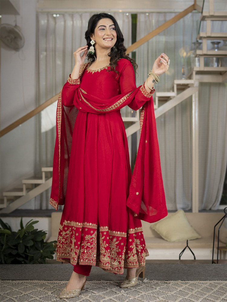 Image of Red Heavy Rangoli Crush Silk Embroidery Sequins Wedding Party Festival Casual Ready Anarkali Pant Salwar Kameez