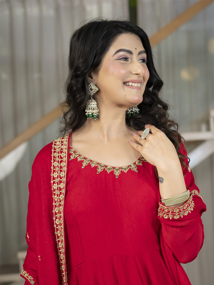 Red Heavy Rangoli Crush Silk Embroidery Sequins Wedding Party Festival Casual Ready Anarkali Pant Salwar Kameez