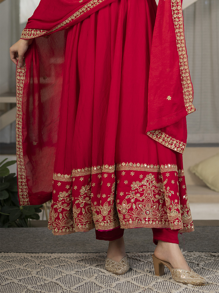 Red Heavy Rangoli Crush Silk Embroidery Sequins Wedding Party Festival Casual Ready Anarkali Pant Salwar Kameez
