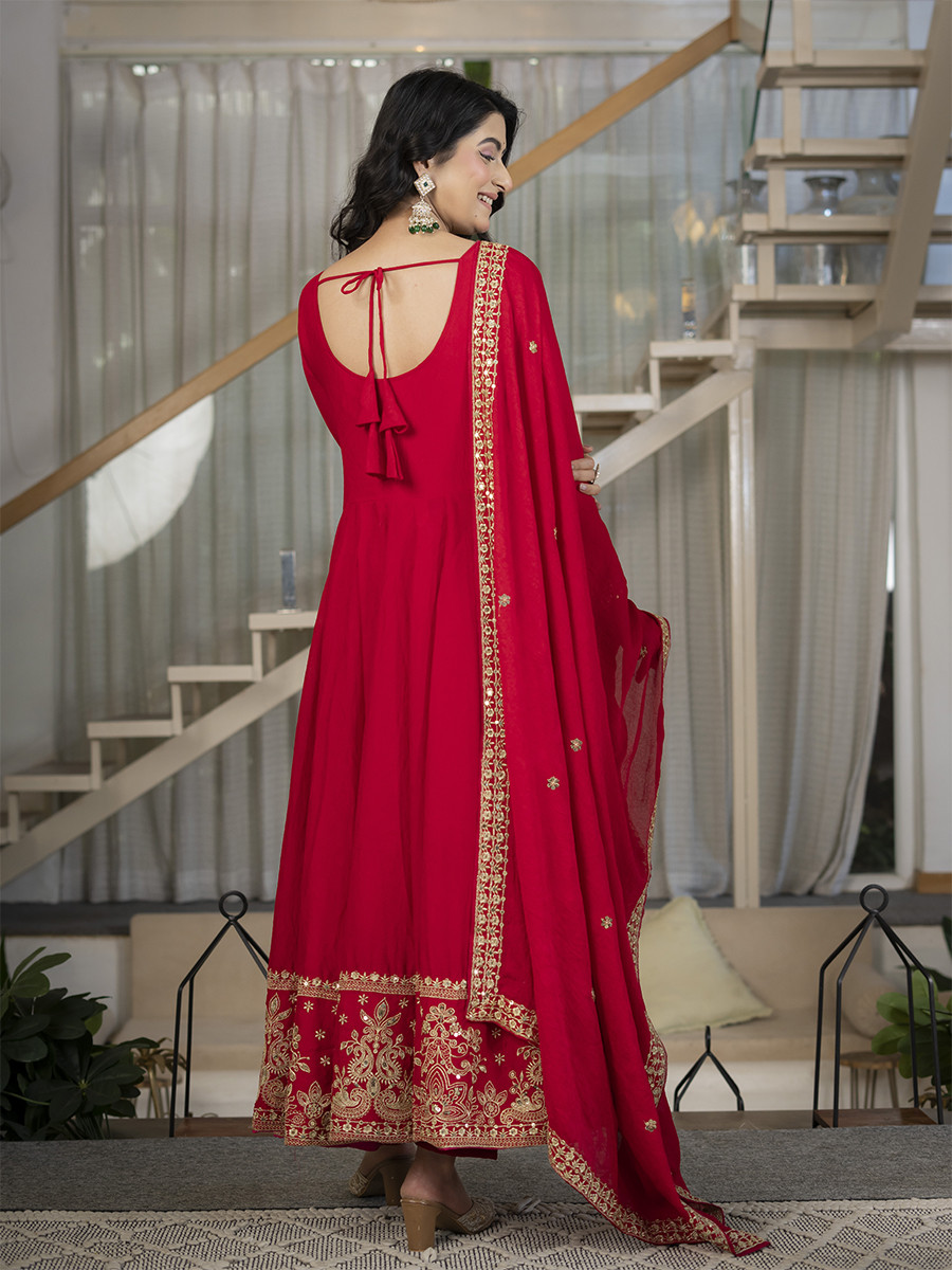 Red Heavy Rangoli Crush Silk Embroidery Sequins Wedding Party Festival Casual Ready Anarkali Pant Salwar Kameez