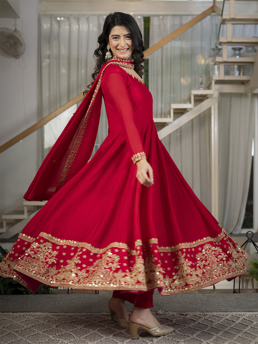 Red Heavy Rangoli Crush Silk Embroidery Sequins Wedding Party Festival Casual Ready Anarkali Pant Salwar Kameez