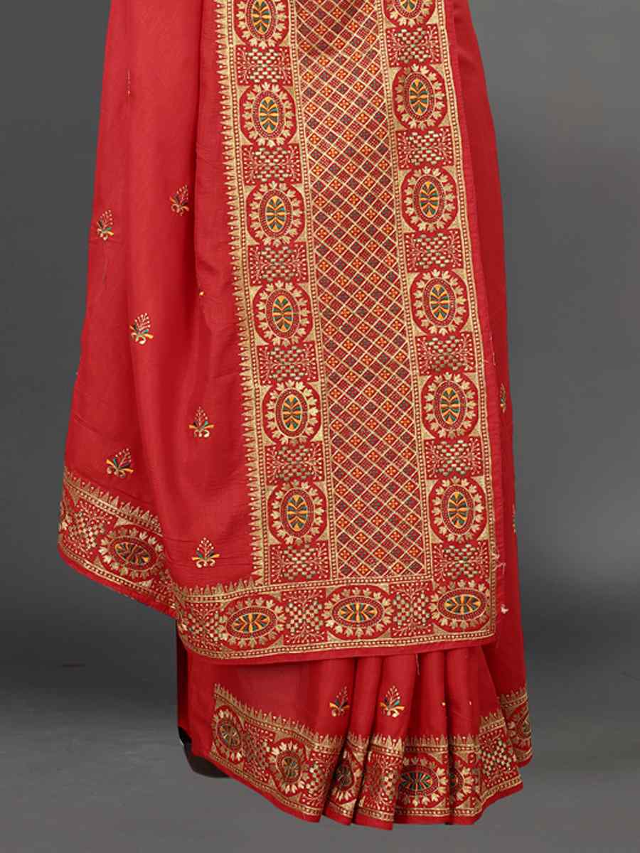 Red Heavy Rangoli Silk Embroidered Wedding Festival Heavy Border Saree