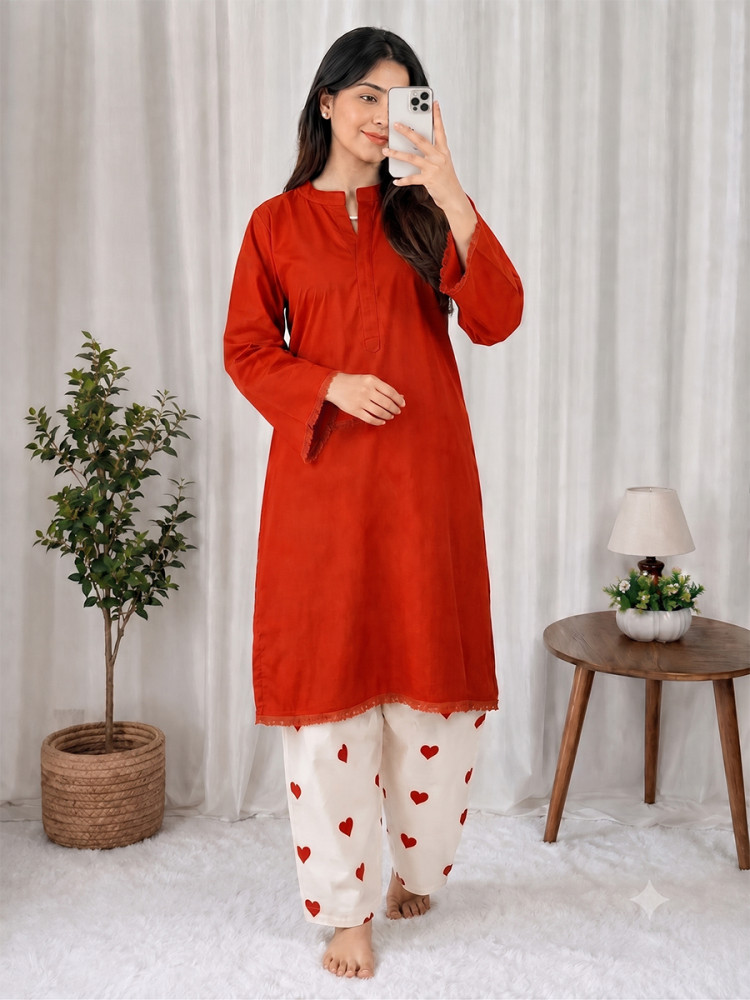 Image of Red Heavy Rayon cotton Plain Lace Work Wedding Party Festival Casual Ready Kurti Bottom Women Wear