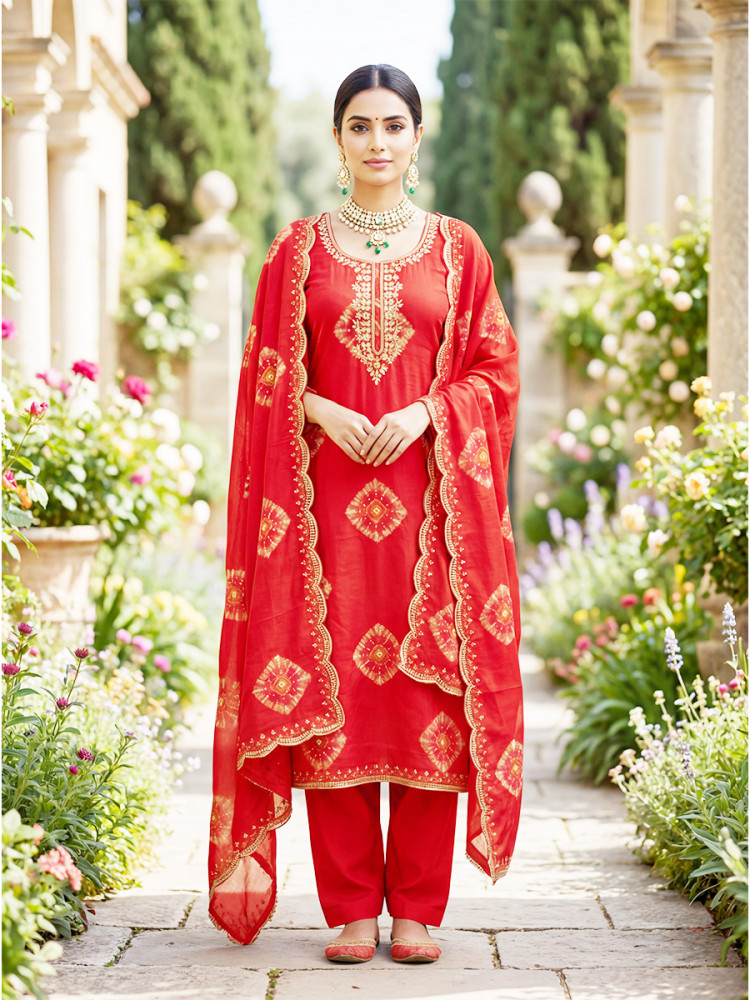 Image of Red Heavy Rayon Cotton Printed Embroidery Zari Sequins Wedding Festival Party Casual Pant Salwar Kameez