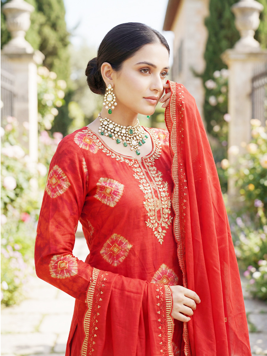 Red Heavy Rayon Cotton Printed Embroidery Zari Sequins Wedding Festival Party Casual Pant Salwar Kameez