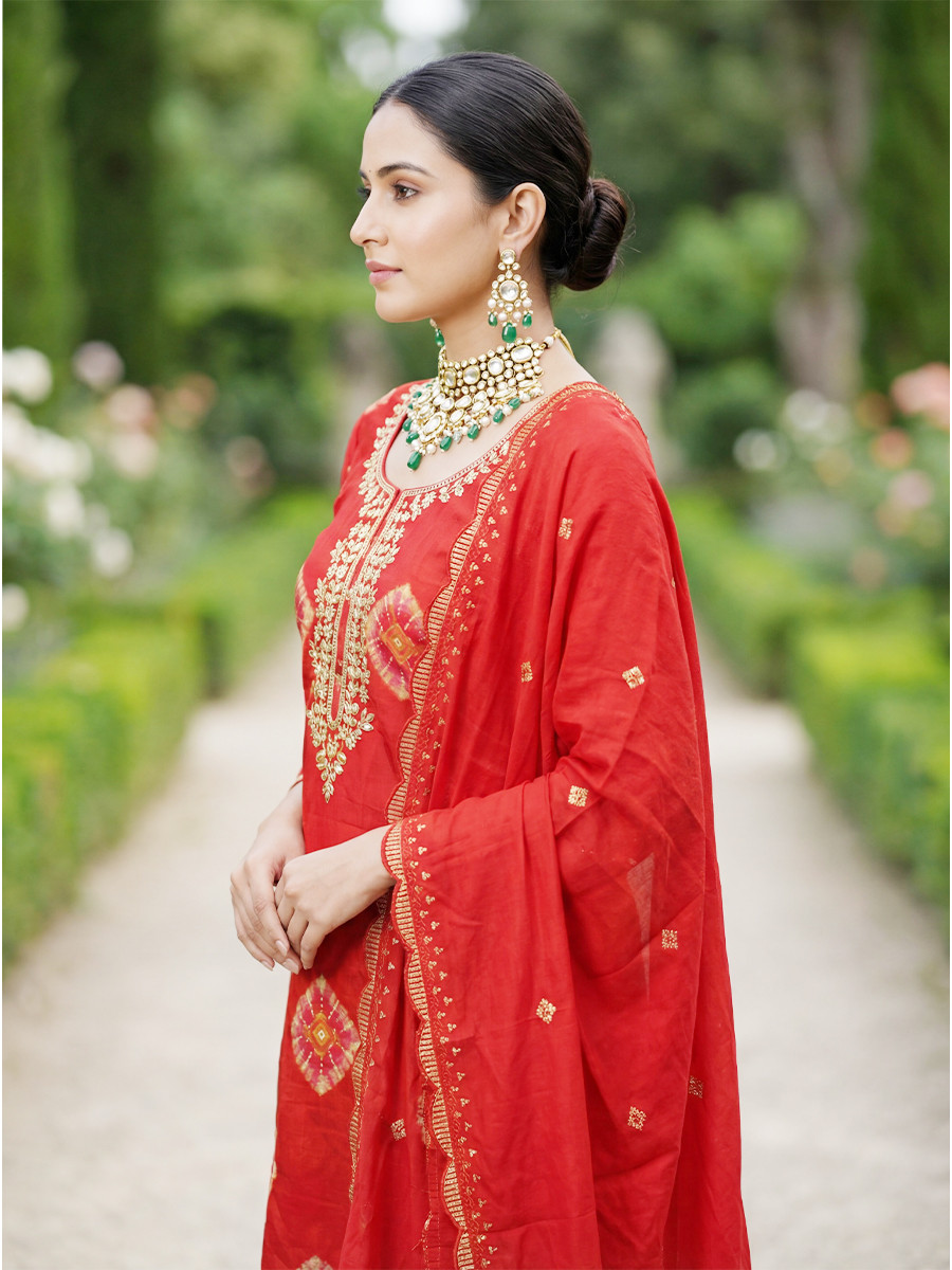 Red Heavy Rayon Cotton Printed Embroidery Zari Sequins Wedding Festival Party Casual Pant Salwar Kameez