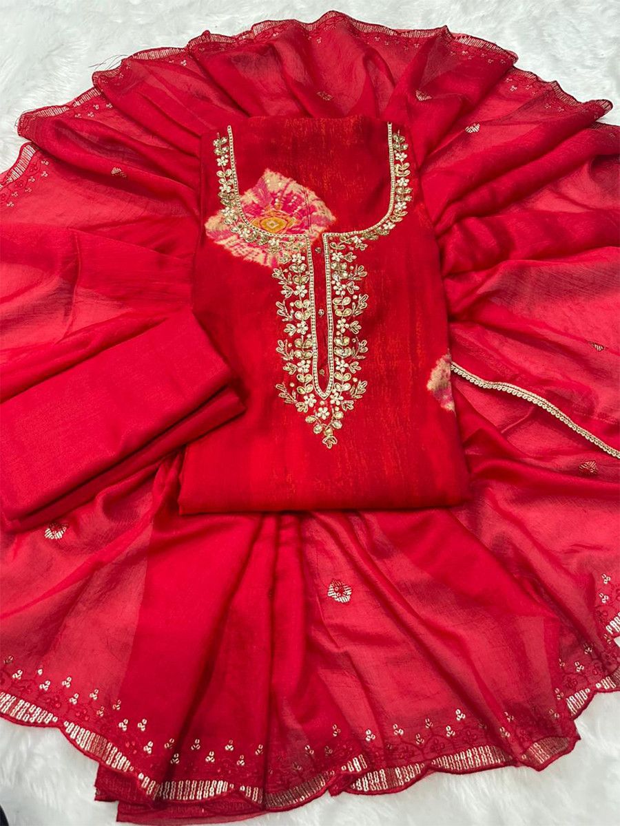 Red Heavy Rayon Cotton Printed Embroidery Zari Sequins Wedding Festival Party Casual Pant Salwar Kameez
