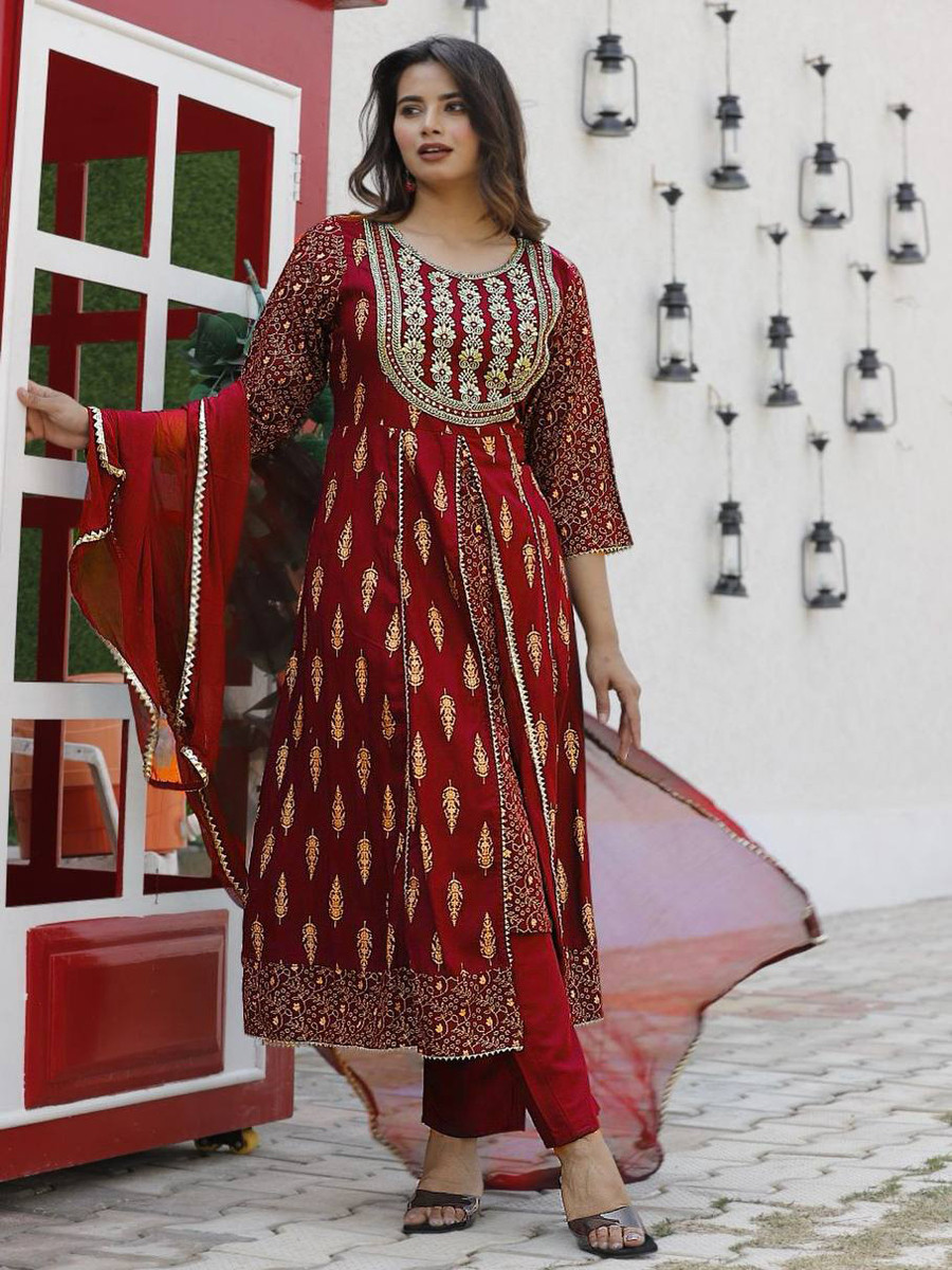 Red Heavy Rayon Embroidery Wedding Party Festival Casual Ready Lawn Pant Salwar Kameez