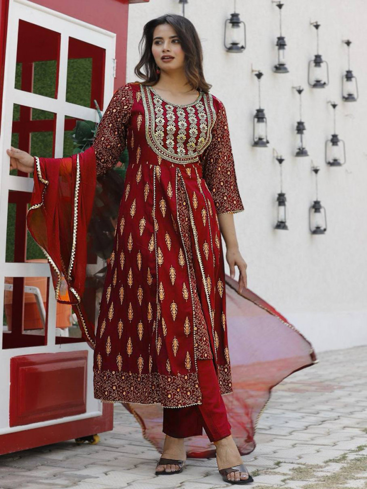 Image of Red Heavy Rayon Embroidery Wedding Party Festival Casual Ready Lawn Pant Salwar Kameez