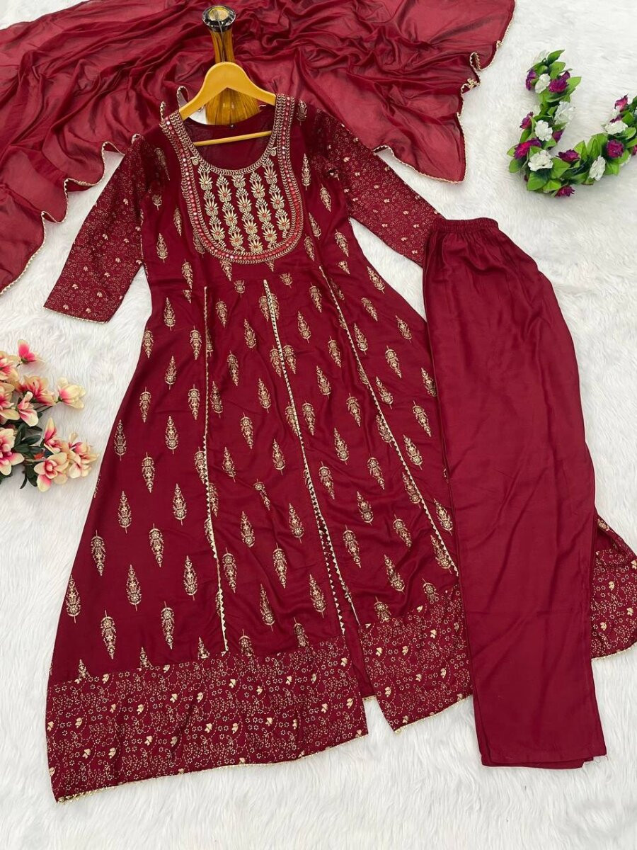 Red Heavy Rayon Embroidery Wedding Party Festival Casual Ready Lawn Pant Salwar Kameez
