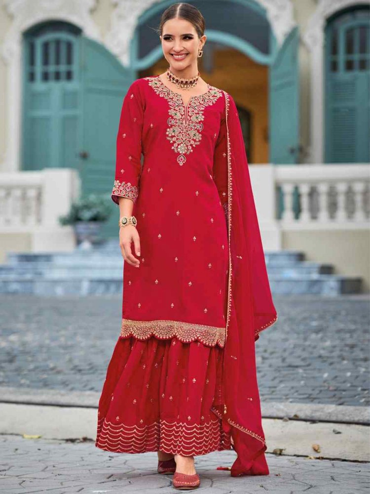 Red Heavy Roman Silk Embroidered Festival Mehendi Ready Palazzo Pant Salwar Kameez