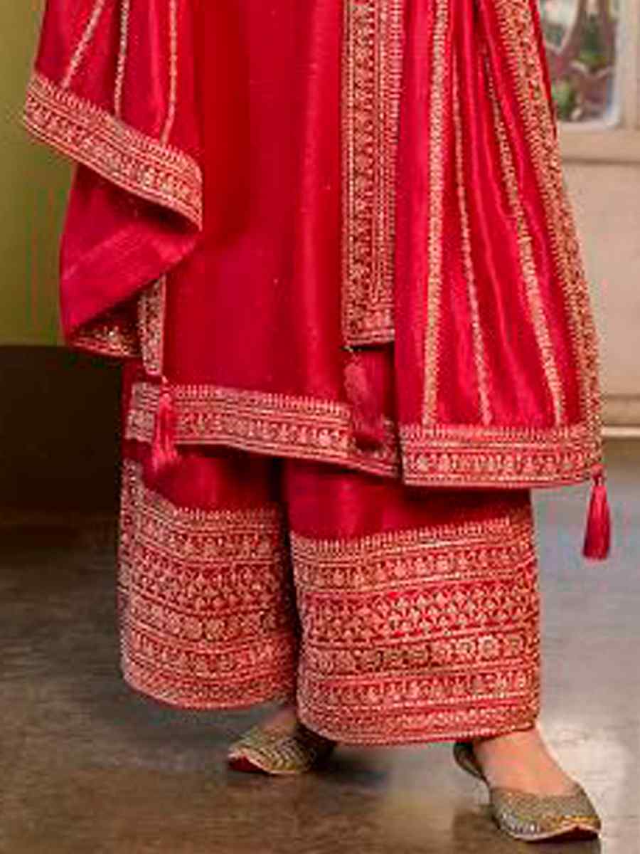 Red Heavy Silk Georgette Embroidered Wedding Festival Bollywood Palazzo Pant Salwar Kameez