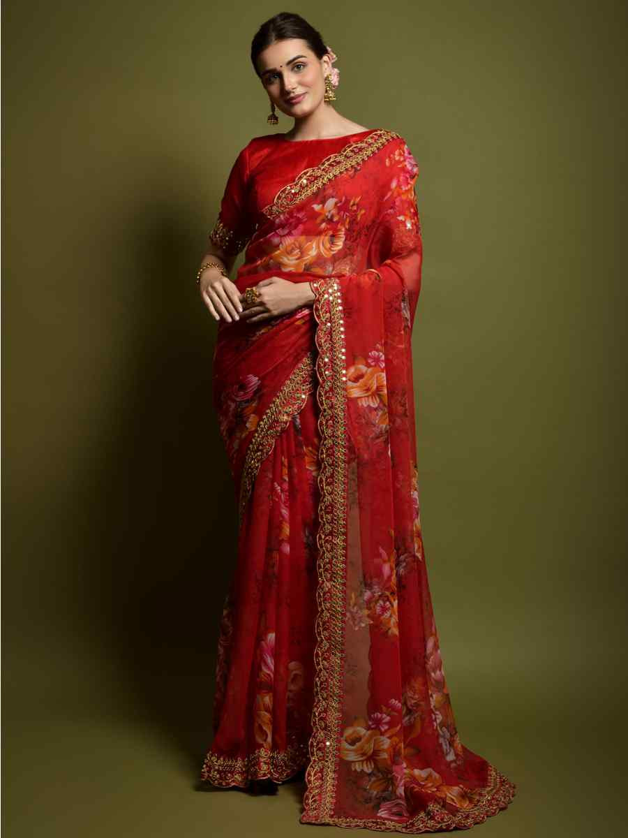 Red Heavy Soft Chiffon Handwoven Festival Wedding Heavy Border Saree