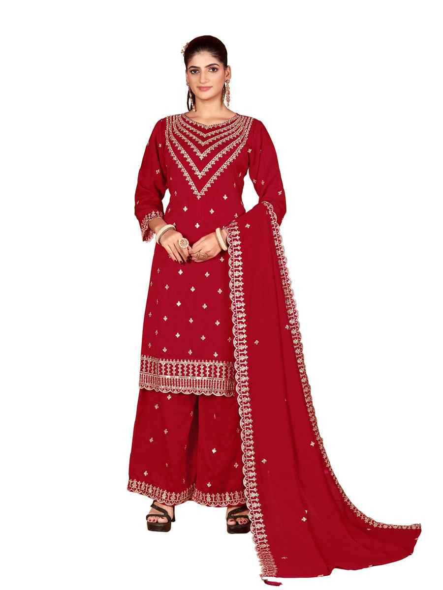 Red Heavy Vichitra Silk Embroidered Festival Wedding Palazzo Pant Salwar Kameez