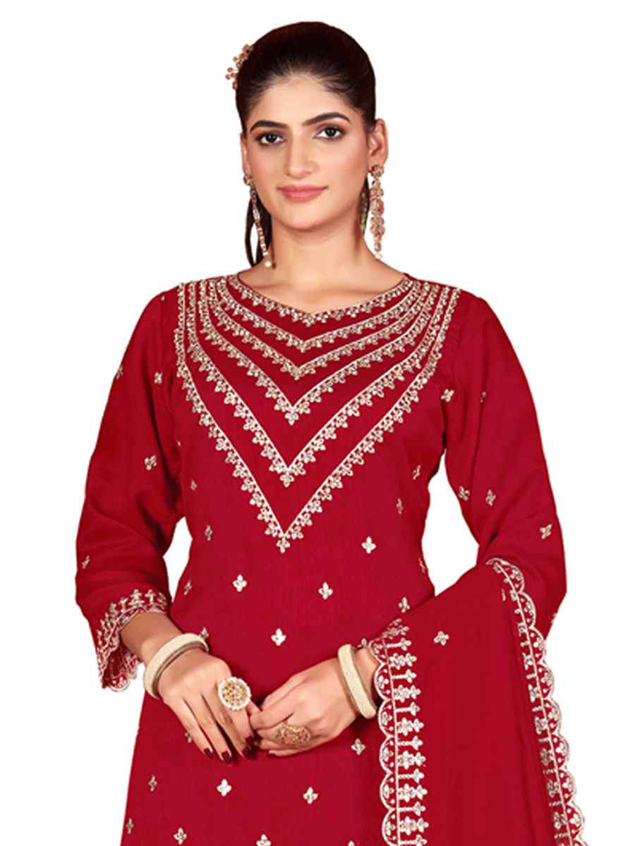 Red Heavy Vichitra Silk Embroidered Festival Wedding Palazzo Pant Salwar Kameez