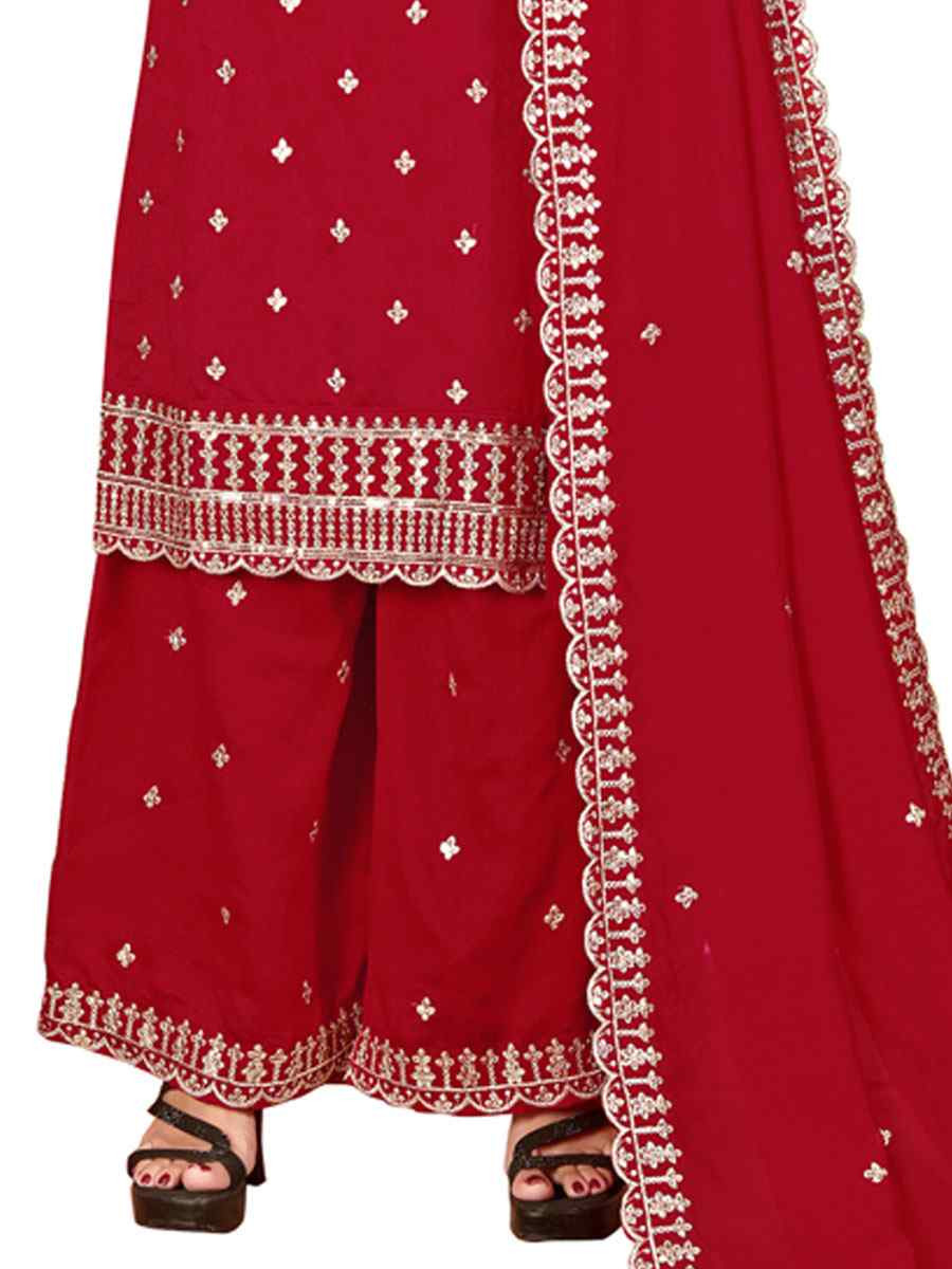Red Heavy Vichitra Silk Embroidered Festival Wedding Palazzo Pant Salwar Kameez