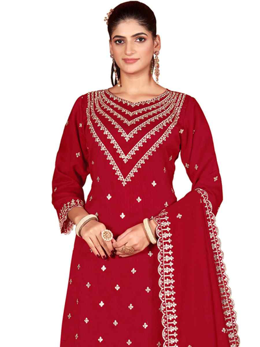 Red Heavy Vichitra Silk Embroidered Festival Wedding Palazzo Pant Salwar Kameez