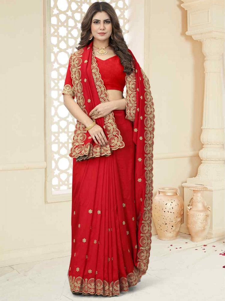 Red Heavy Vichitra Silk Embroidered Wedding Festival Heavy Border Saree