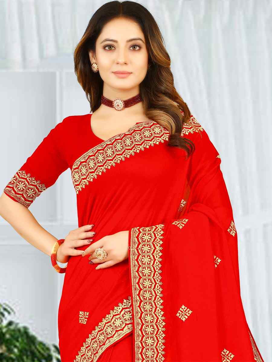 Red Heavy Vichitra Silk Embroidered Wedding Festival Heavy Border Saree