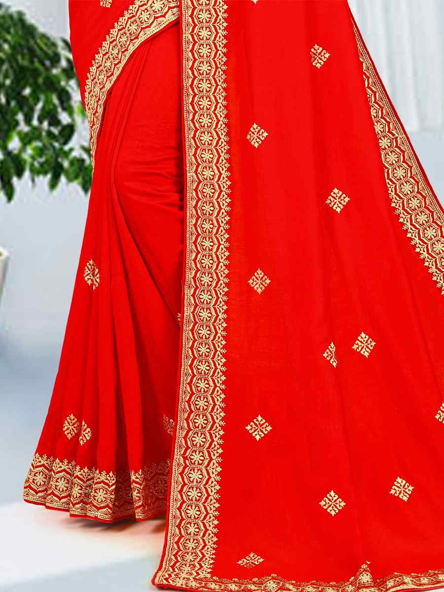 Red Heavy Vichitra Silk Embroidered Wedding Festival Heavy Border Saree