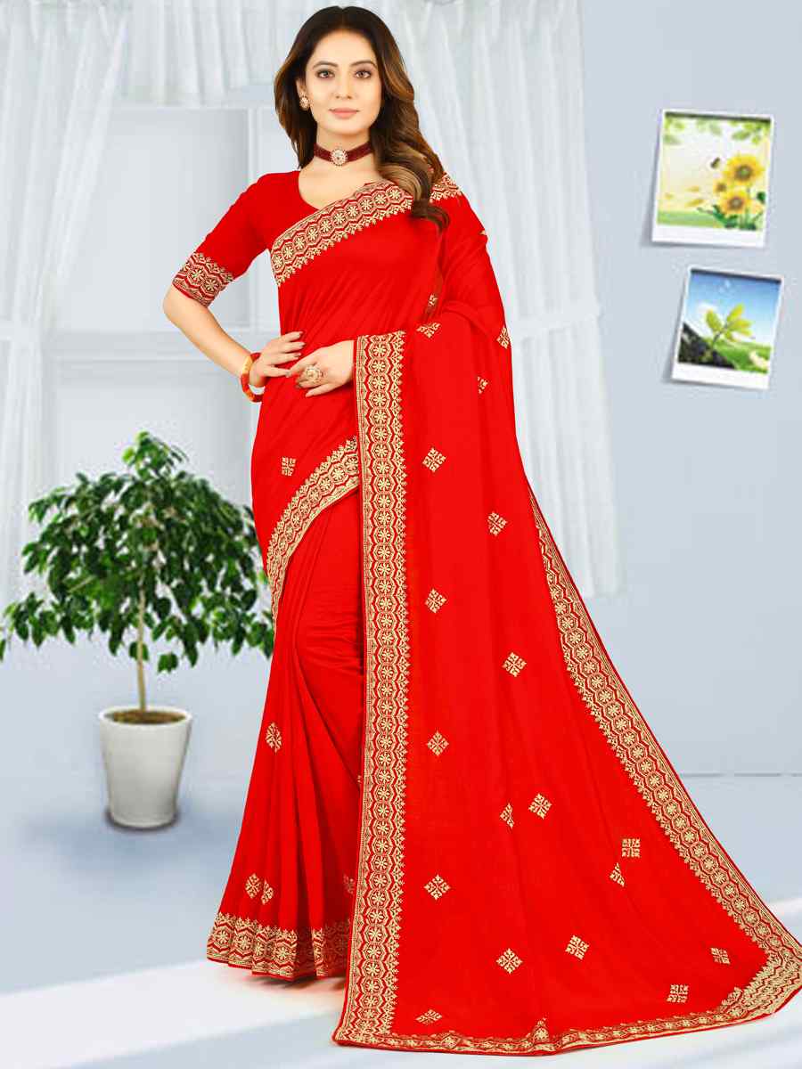 Red Heavy Vichitra Silk Embroidered Wedding Festival Heavy Border Saree